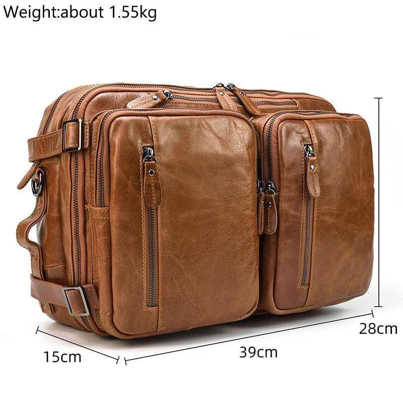 Mens leather laptop backpack in tan with multiple pockets and durable design for organization and style