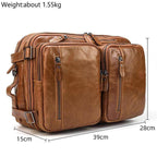 Mens leather laptop backpack in tan with multiple pockets and durable design for organization and style
