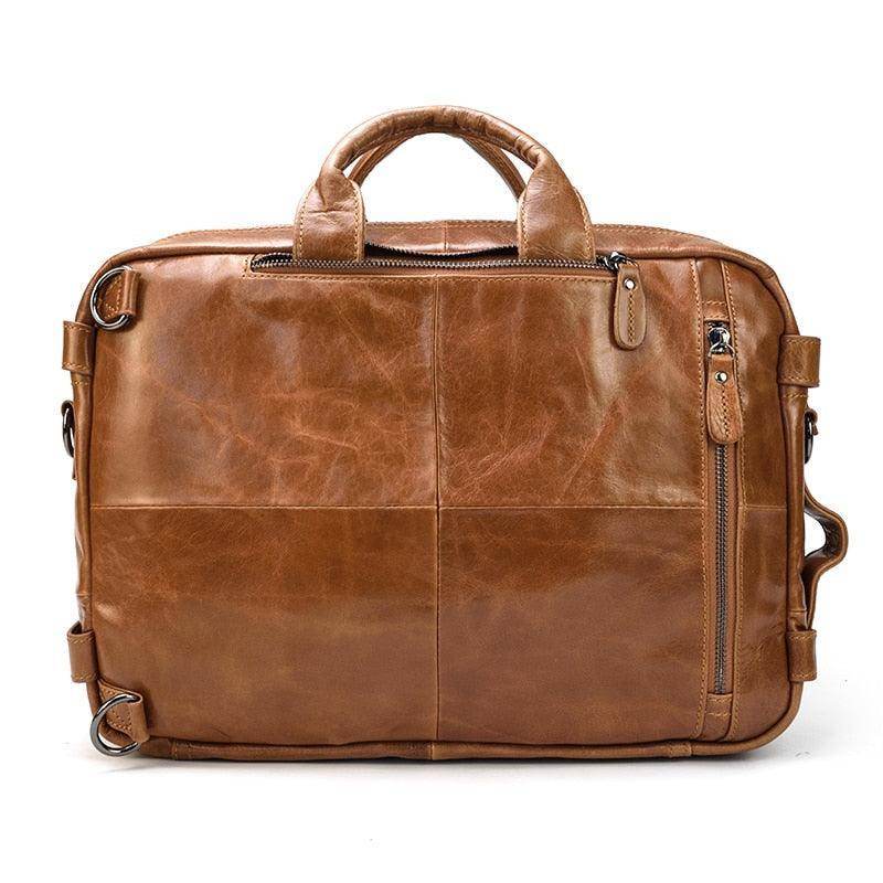VacationGrabs mens leather laptop backpack in brown with multiple compartments and sturdy handles