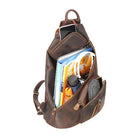 Mens leather sling bag with multiple pockets for books, water bottle, and small items