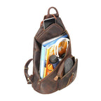 Mens leather sling bag with multiple pockets for books, water bottle, and small items