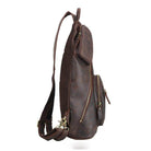 Side view of a mens leather sling bag by VacationGrabs featuring multiple pockets and a durable design