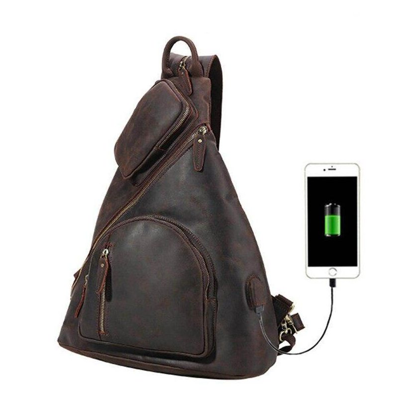 Mens leather sling bag with USB charging port and multiple pockets for convenience