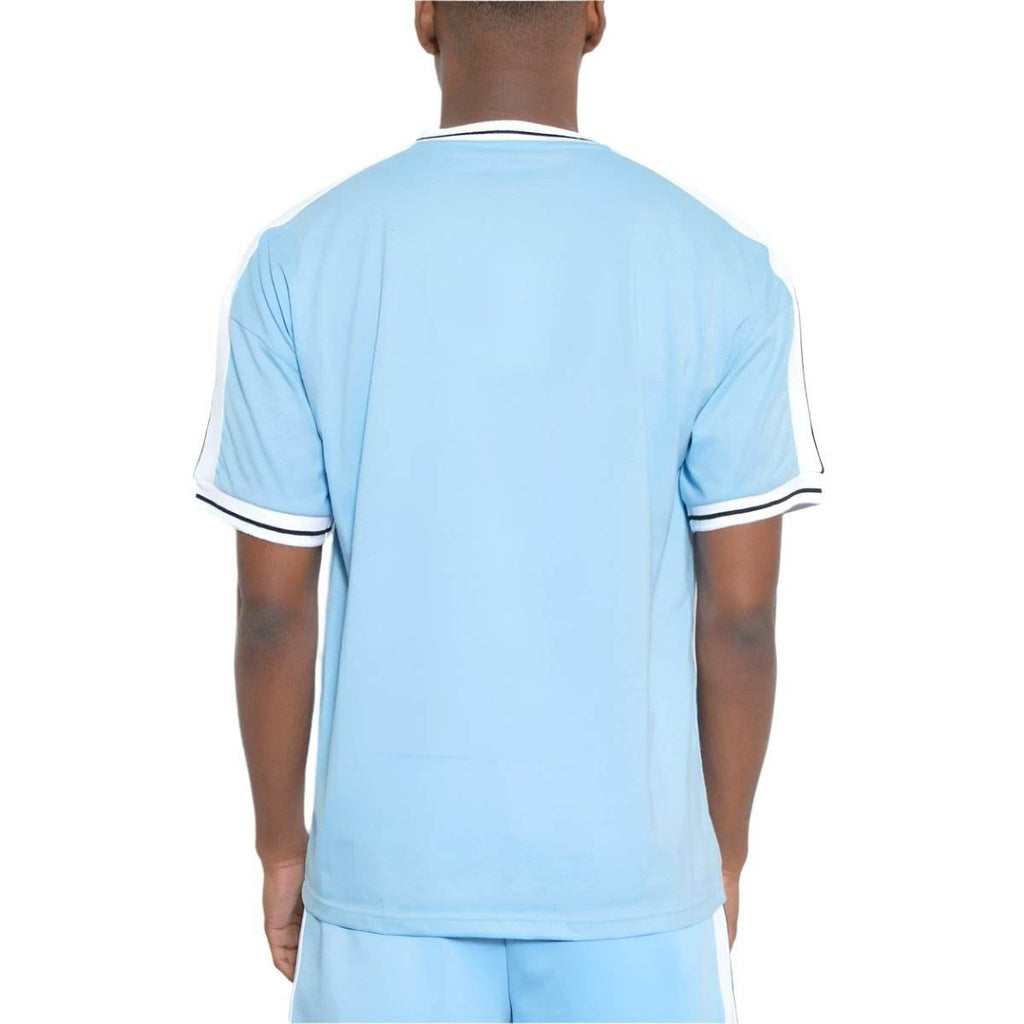 Mens light blue striped shirt from VacationGrabs with a comfortable fit and sporty design