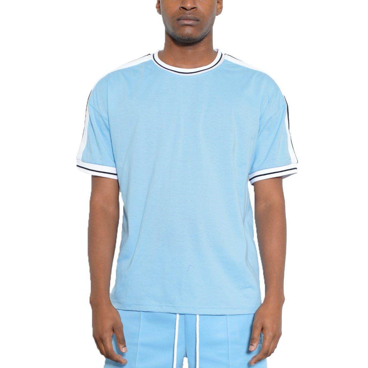 Mens light blue striped shirt from VacationGrabs with stylish contrasting sleeve details