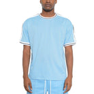 Mens light blue striped shirt from VacationGrabs with stylish contrasting sleeve details