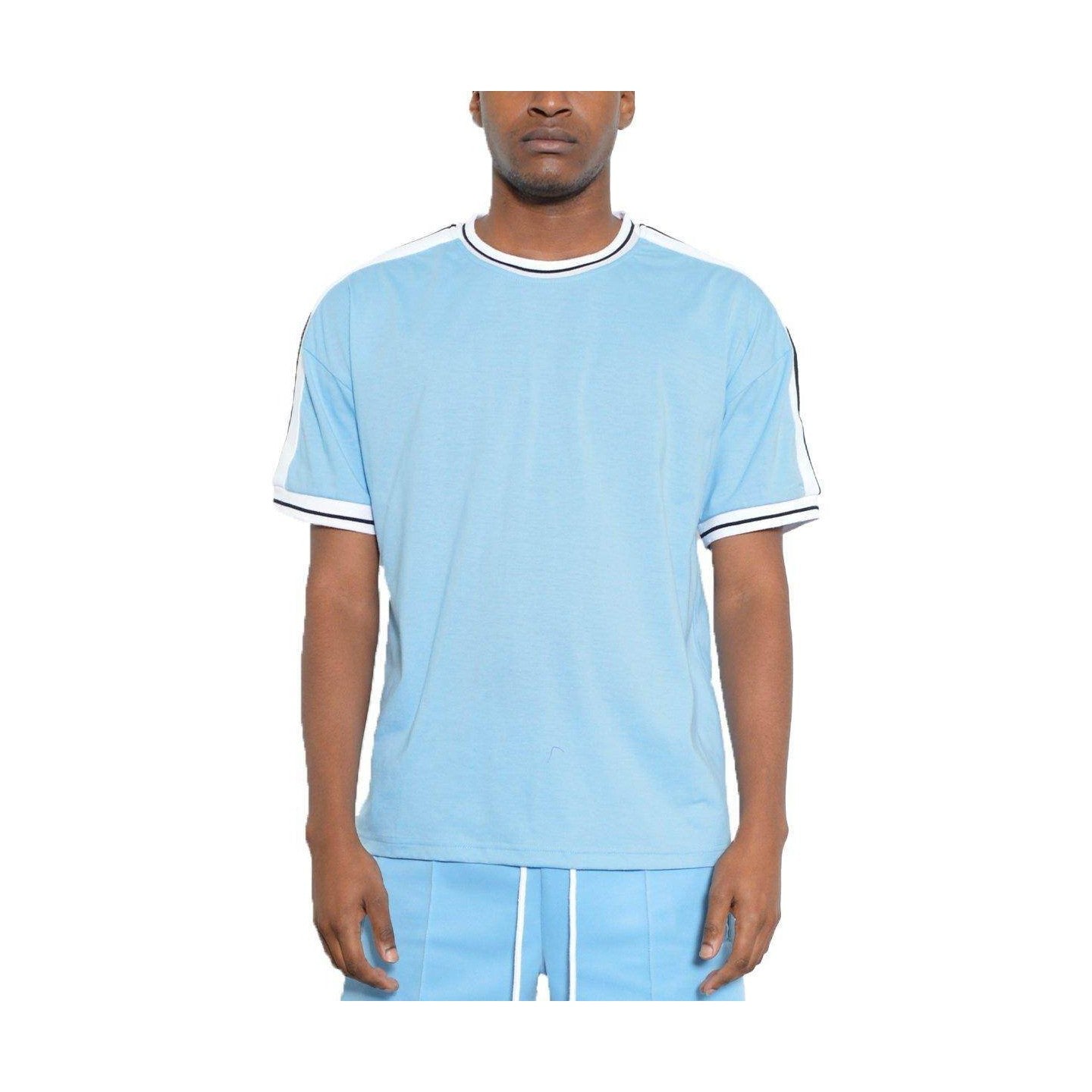 Mens light blue striped shirt from VacationGrabs with stylish contrasting sleeve details
