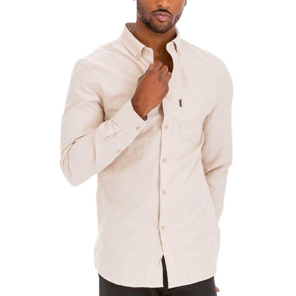 VacationGrabs mens long sleeve button down shirt in beige with a classic style and chest pocket