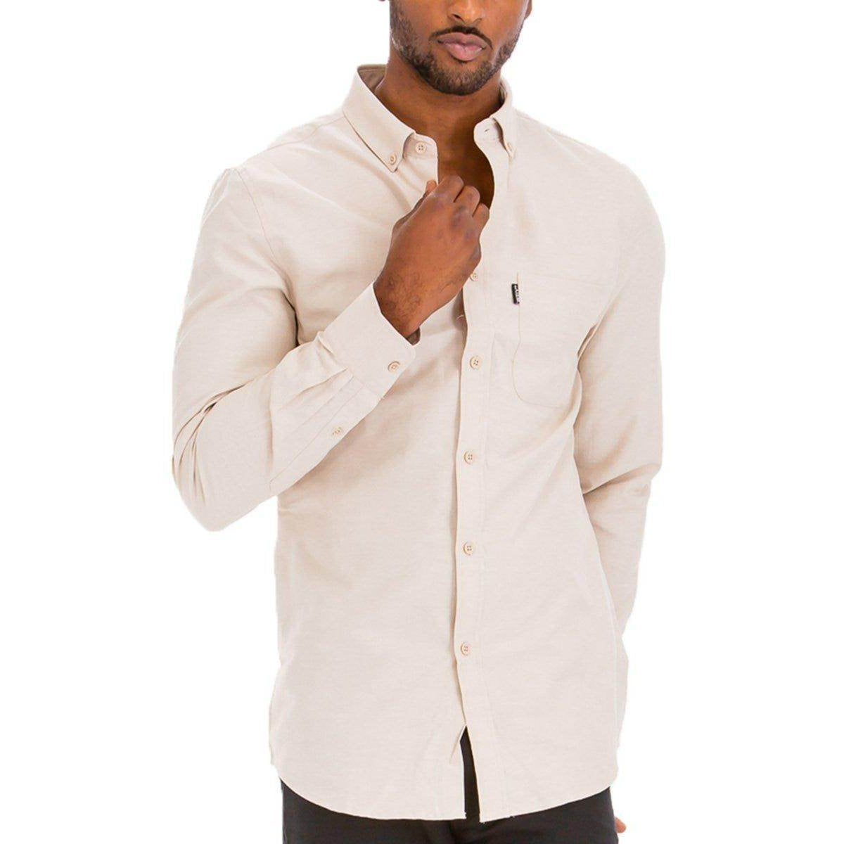 VacationGrabs mens long sleeve button down shirt in beige with a classic style and chest pocket