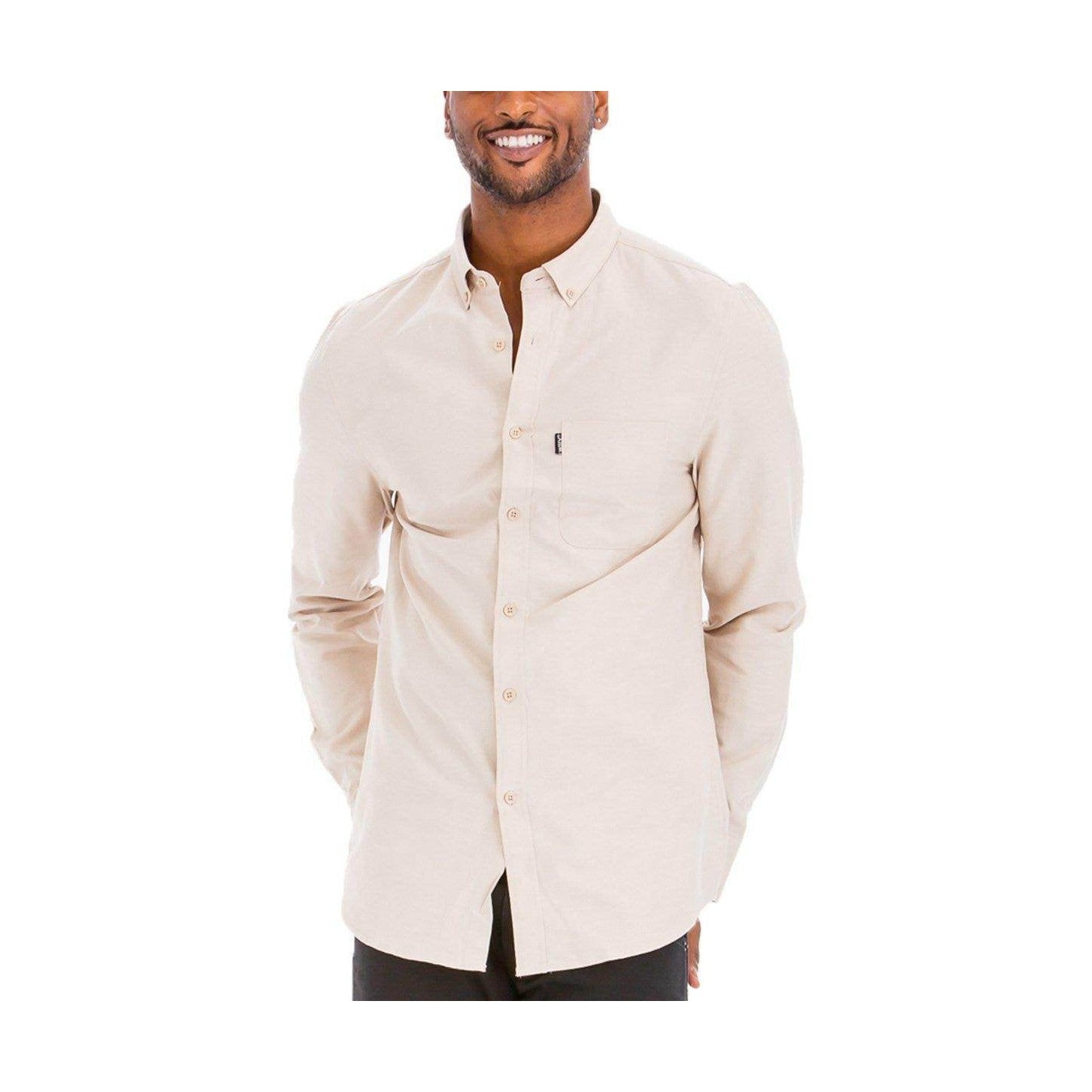 VacationGrabs mens long sleeve button down shirt in beige with a classic fit and chest pocket