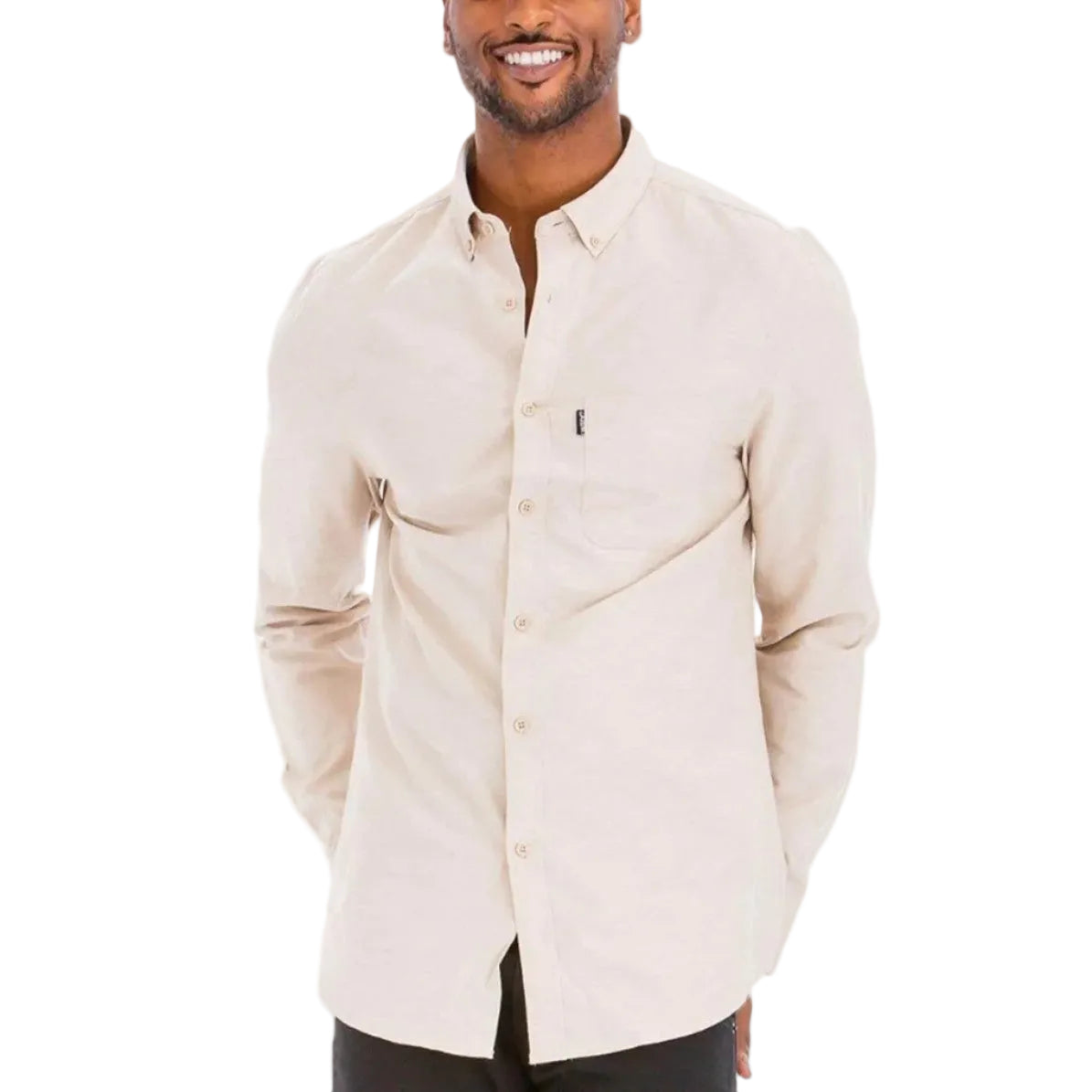 VacationGrabs mens long sleeve button down shirt in beige with a classic fit and chest pocket