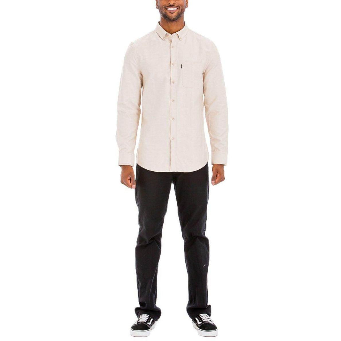Men's long sleeve button down shirt in light beige from VacationGrabs, perfect for casual outings.