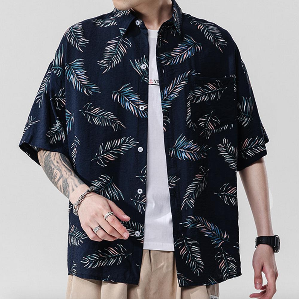 Men's Shirts Mens Loose Fit Summer Blue Floral Hawaiian Shirt