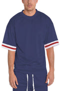 Mens navy blue mesh jersey with white and red striped sleeves for casual wear