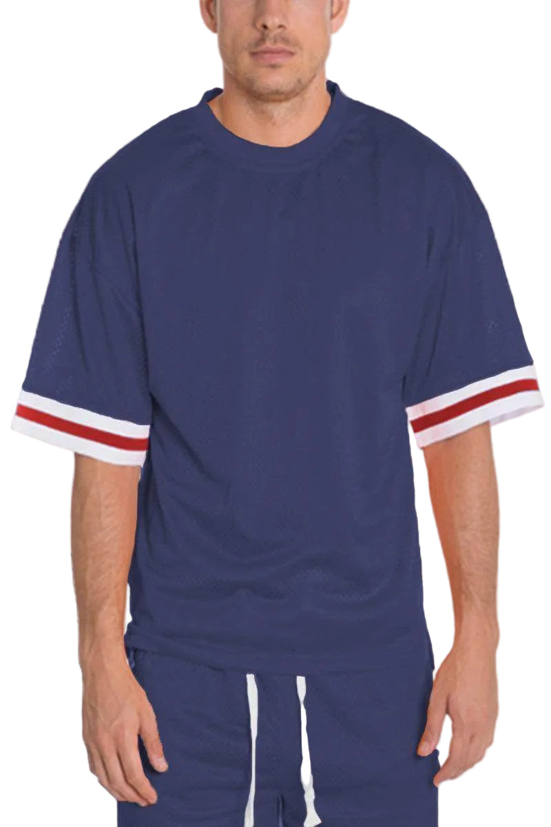 Mens navy blue mesh jersey with white and red striped sleeves for casual wear