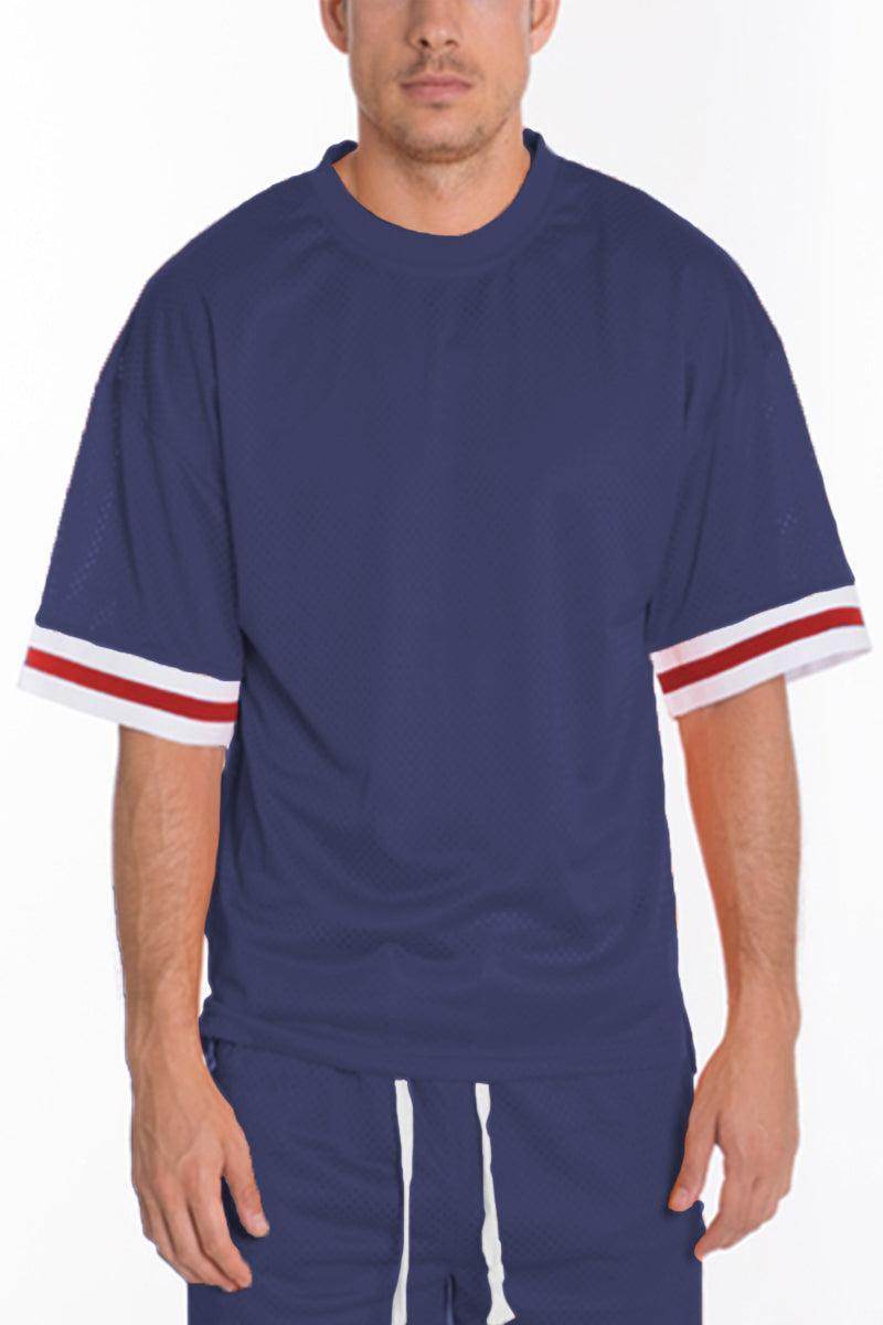 Mens navy blue mesh jersey with white and red striped sleeves for casual wear