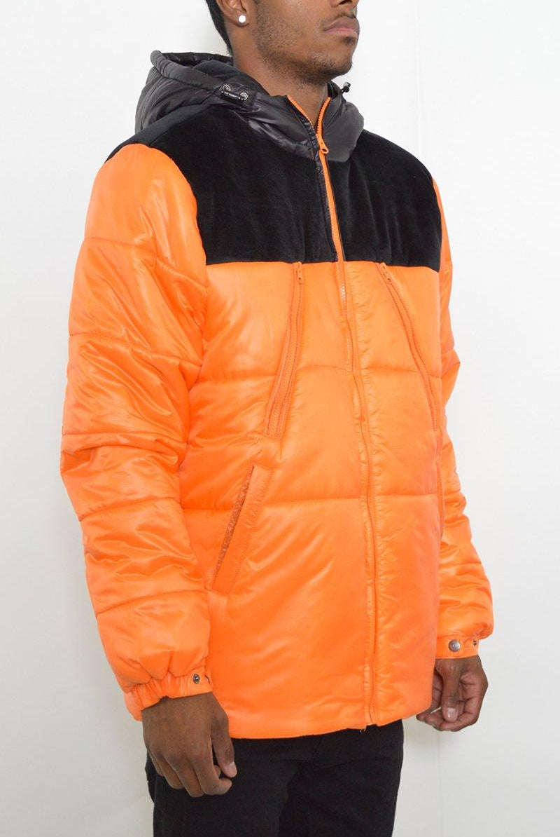 Men's Jackets Mens Orange And Black Quarter Suede Puffer Down Jacket