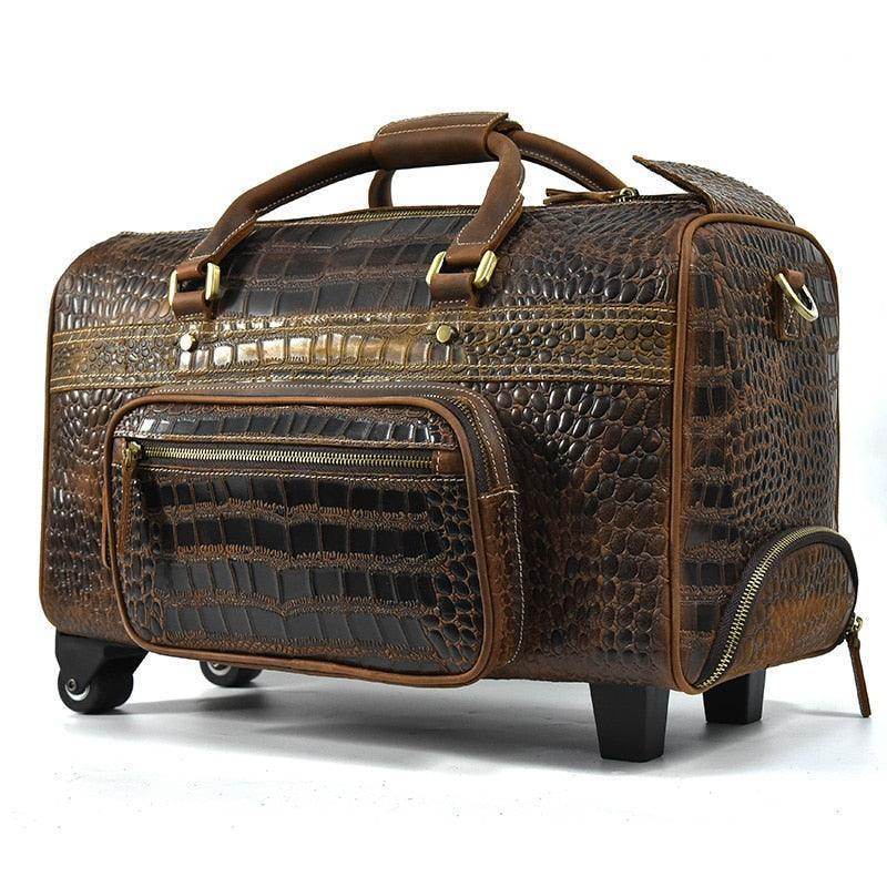 VacationGrabs mens overnight weekender bag in brown crocodile texture with wheels and front pocket