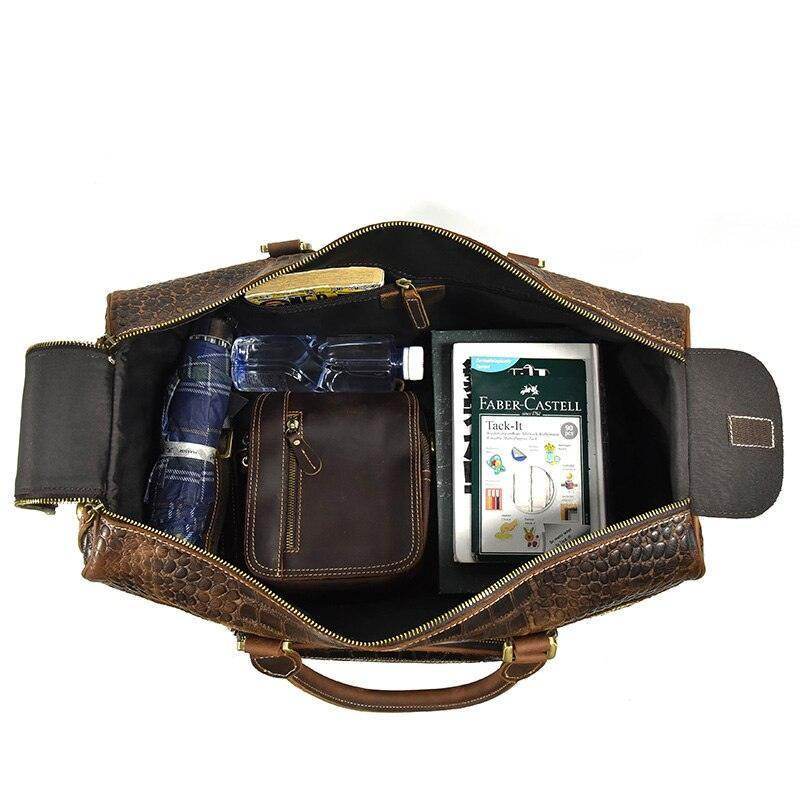 Brown mens overnight weekender bag with interior compartments for organized travel essentials