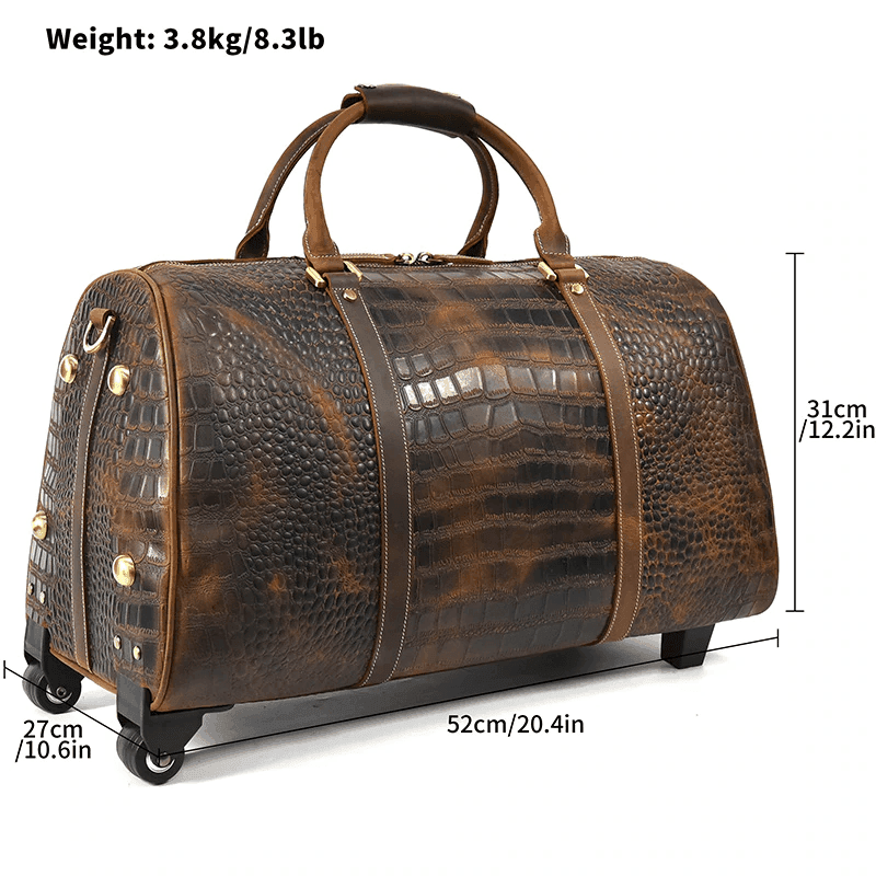VacationGrabs mens overnight weekender bag in brown crocodile print with rolling wheels and comfortable handles