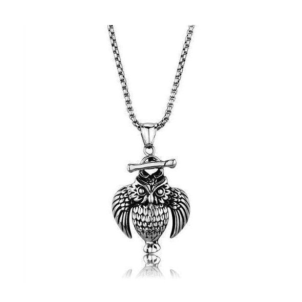 Men's owl pendant necklace in polished silver with detailed owl design for stylish accessorizing