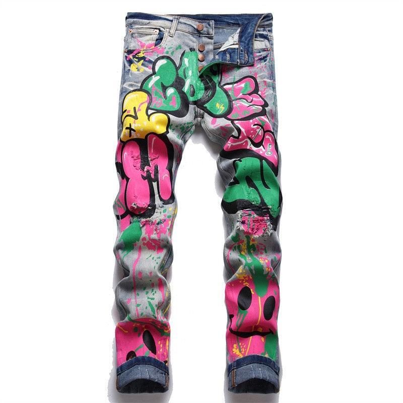 Men's Pants - Jeans Mens Paint Denim Stretch Jeans Urban Streetwear ...