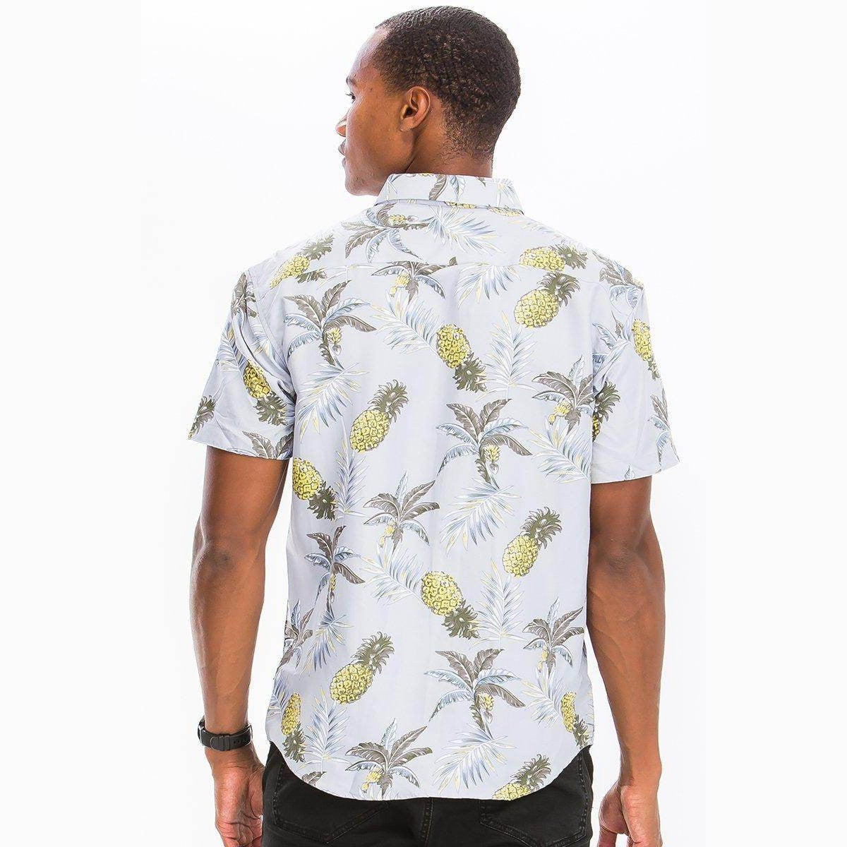 Mens pineapple Hawaiian shirt featuring a vibrant pineapple and palm leaf pattern for casual summer wear