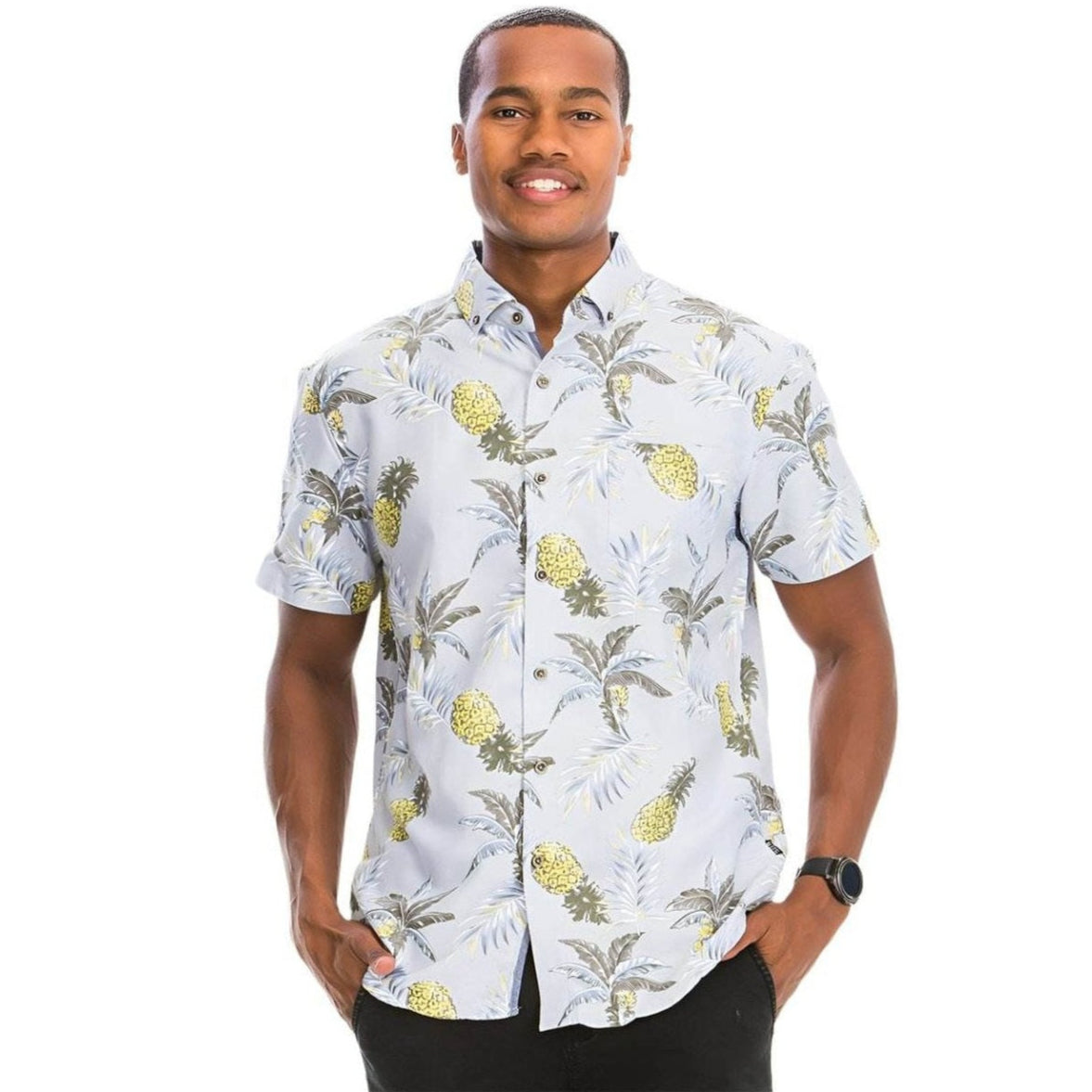 Mens Pineapple Hawaiian shirt by VacationGrabs featuring a vibrant pineapple print in light colors
