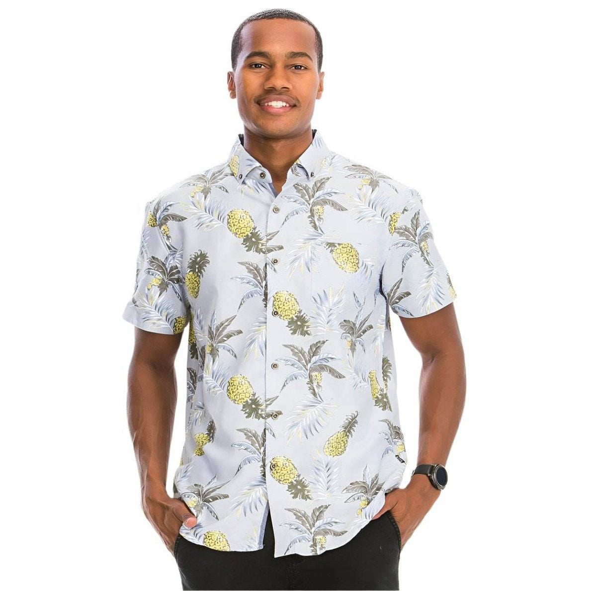 Mens Pineapple Hawaiian shirt by VacationGrabs featuring a vibrant pineapple print in light colors