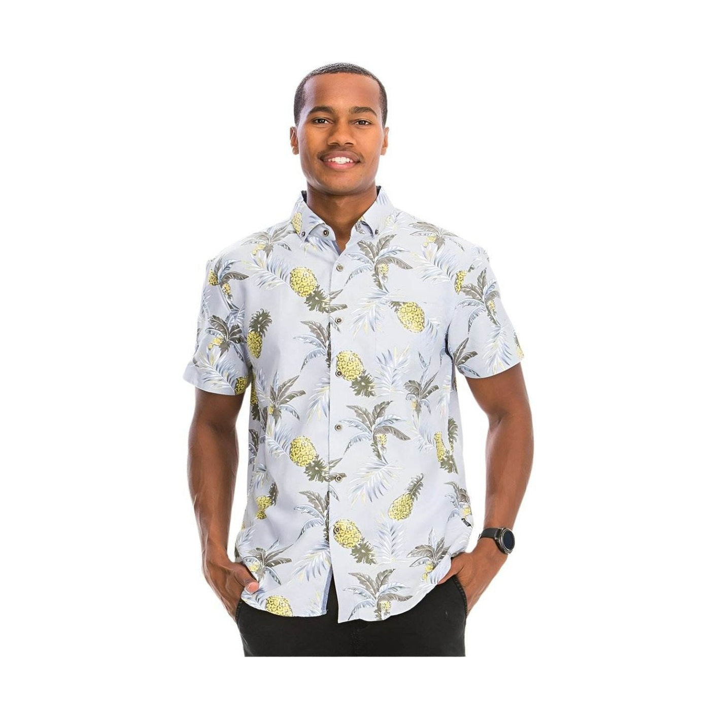 Mens Pineapple Hawaiian shirt by VacationGrabs featuring a vibrant pineapple print in light colors