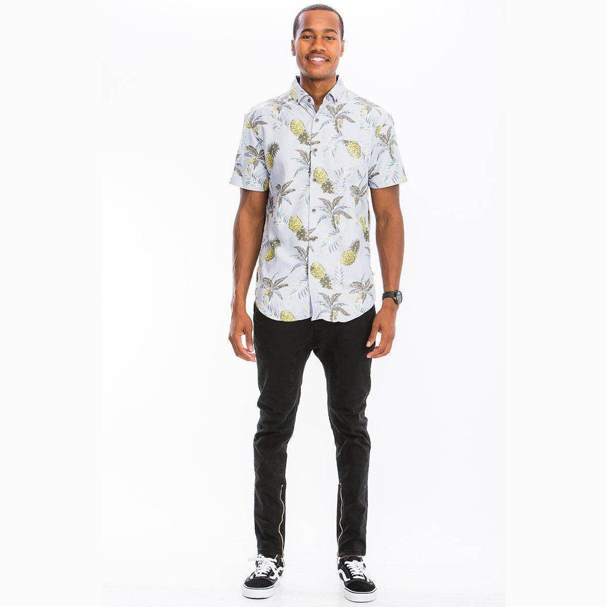 Mens pineapple Hawaiian shirt by VacationGrabs featuring a tropical pineapple print and short sleeves