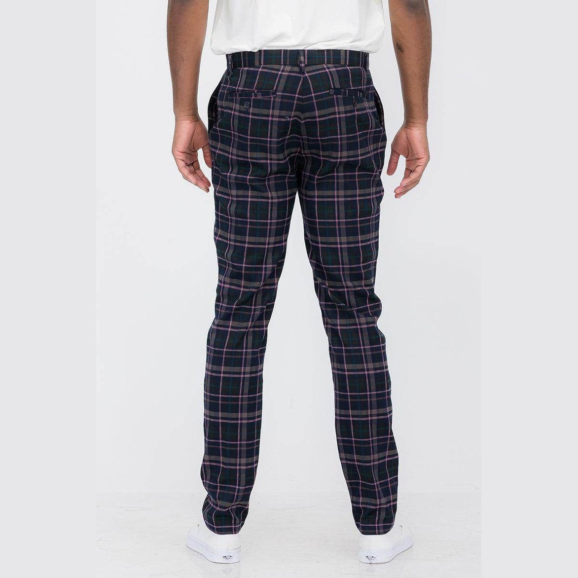 Mens Pink Plaid Trousers by VacationGrabs with a stylish slim fit and back pockets