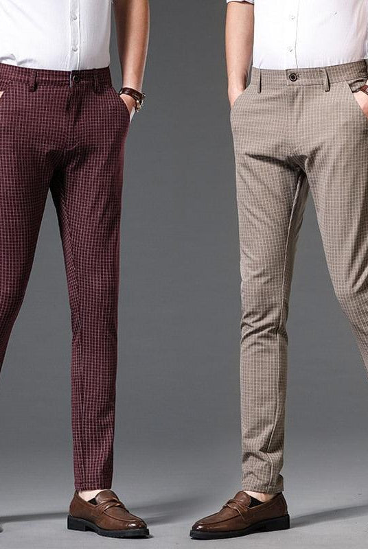Men's Pants Mens Plaid Casual Pants Stretch Straight Trousers Wine Red...