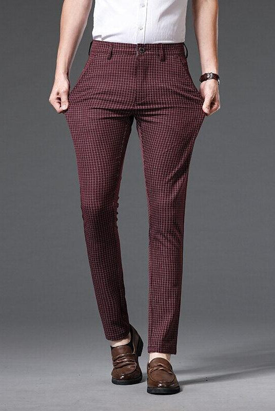 Men's Pants Mens Plaid Casual Pants Stretch Straight Trousers Wine Red...