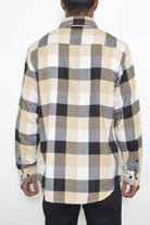 Mens plaid flannel shirt in beige and gray check pattern, perfect for casual wear in any season