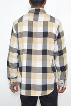 Mens plaid flannel shirt in beige and gray check pattern, perfect for casual wear in any season