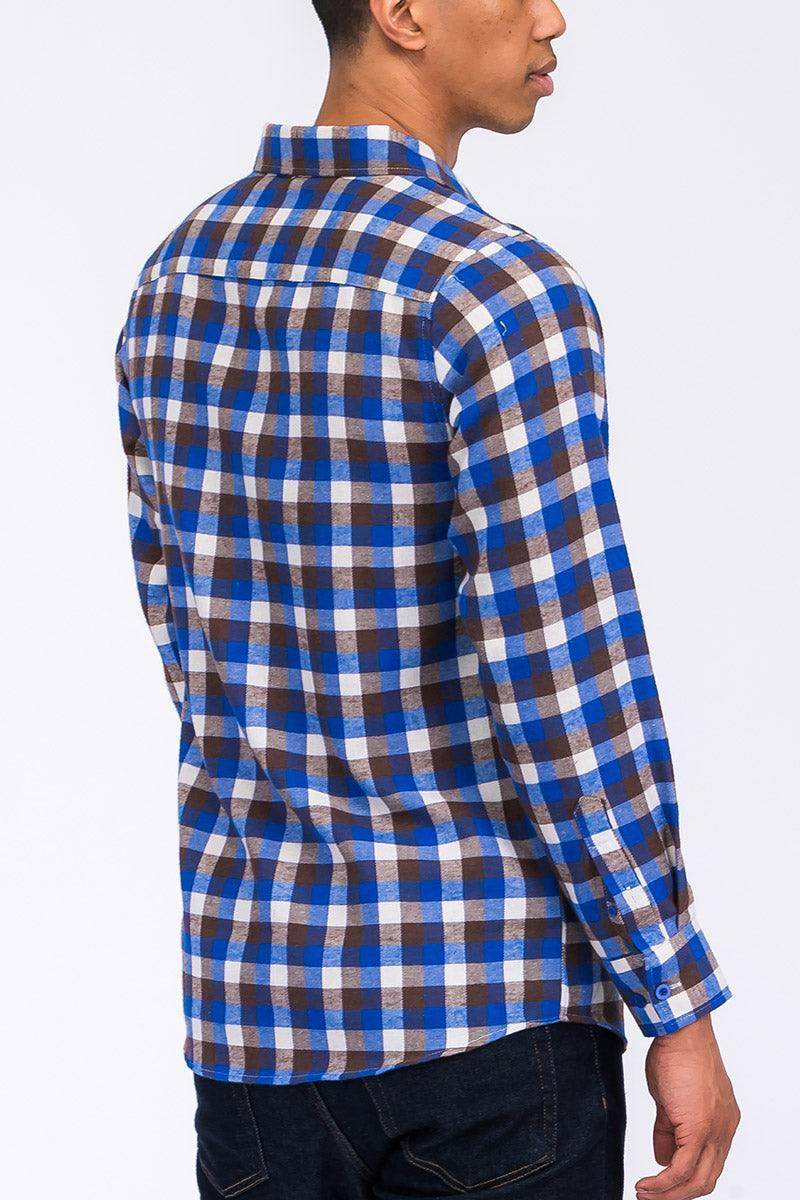 Men's plaid flannel shirt from VacationGrabs in blue and brown checkered pattern, featuring a classic fit