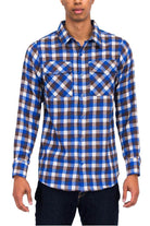 Men's plaid flannel shirt in blue and brown check pattern with button-up front and two chest pockets