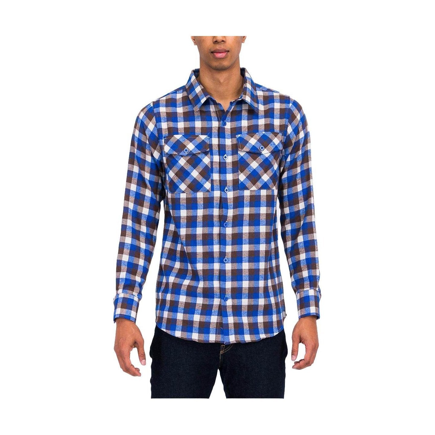 Men's plaid flannel shirt in blue and brown check pattern with button-up front and two chest pockets
