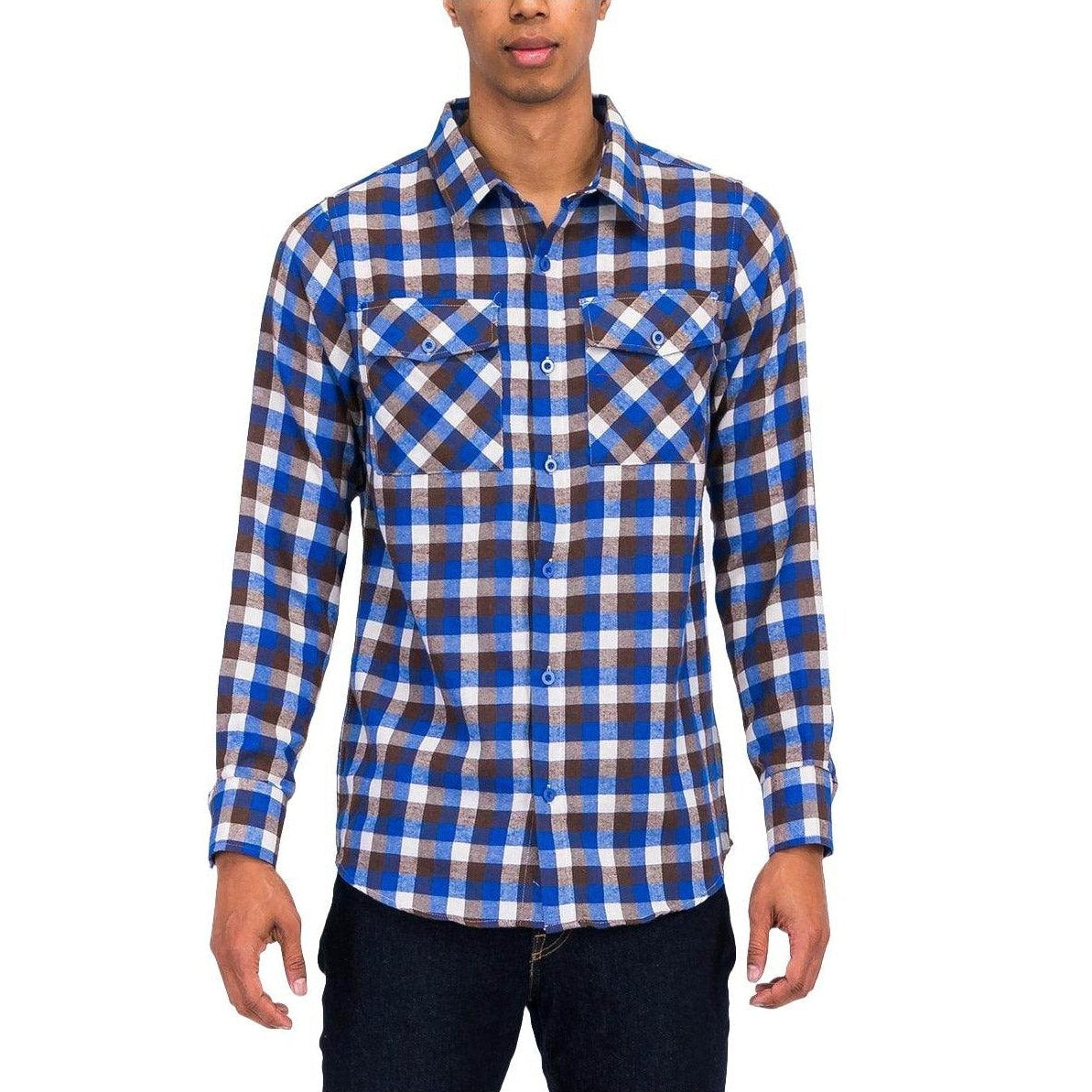 Men's plaid flannel shirt in blue and brown check pattern with button-up front and two chest pockets