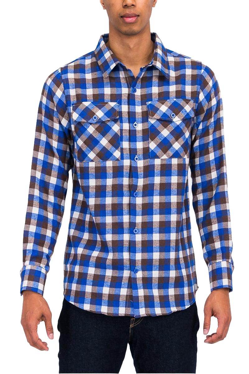 Men's plaid flannel shirt in blue and brown check pattern with button-up front and two chest pockets