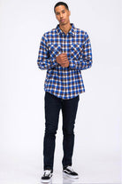 VacationGrabs mens plaid flannel shirt in blue and white checks, perfect for casual outings