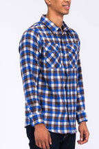 Men's plaid flannel shirt in blue and brown tones with two front pockets and long sleeves