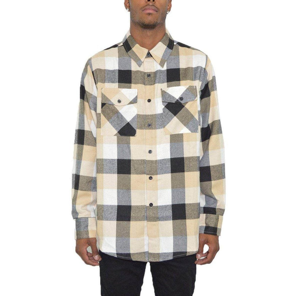Mens Plaid Flannel Shirt from VacationGrabs in Beige and Black Checkered Pattern