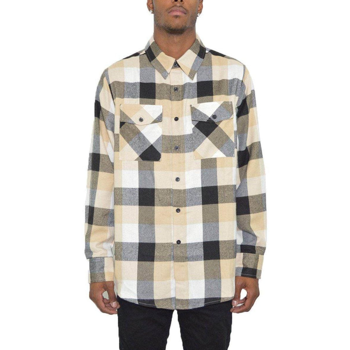 Mens Plaid Flannel Shirt from VacationGrabs in Beige and Black Checkered Pattern