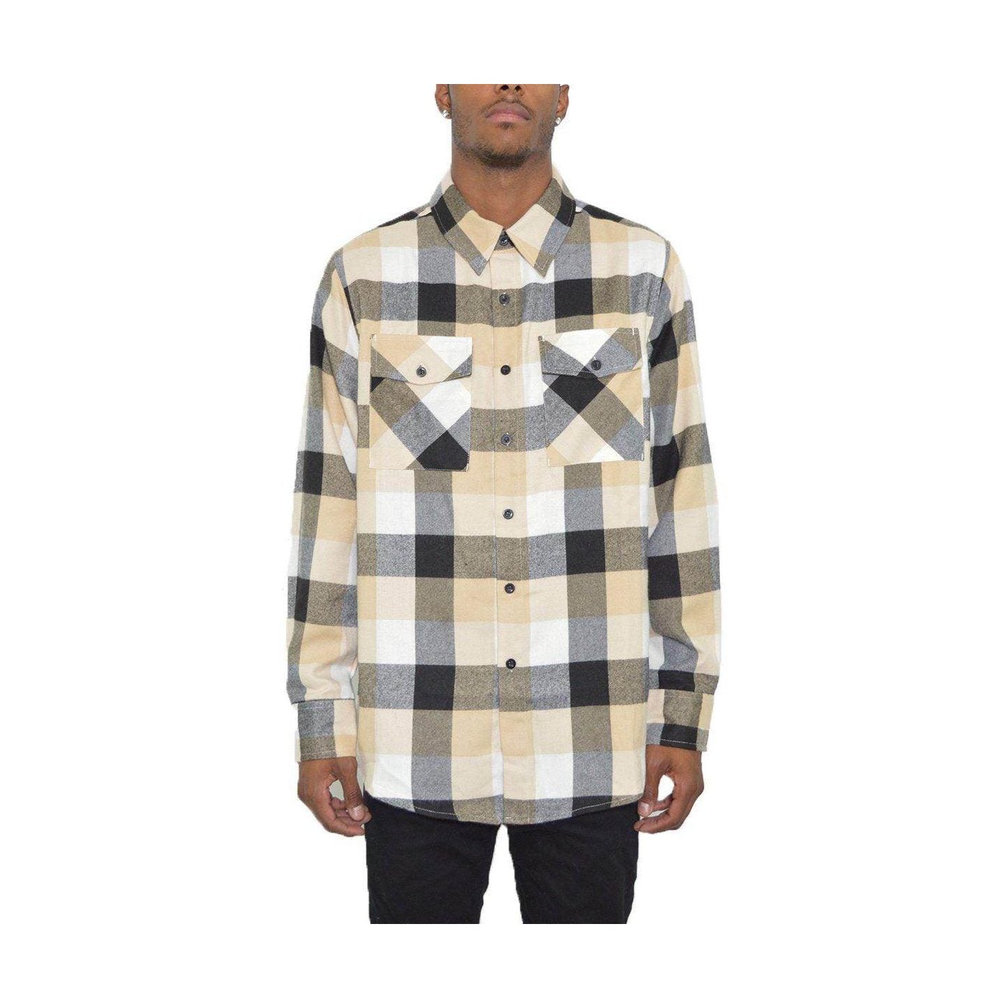 Mens Plaid Flannel Shirt from VacationGrabs in Beige and Black Checkered Pattern