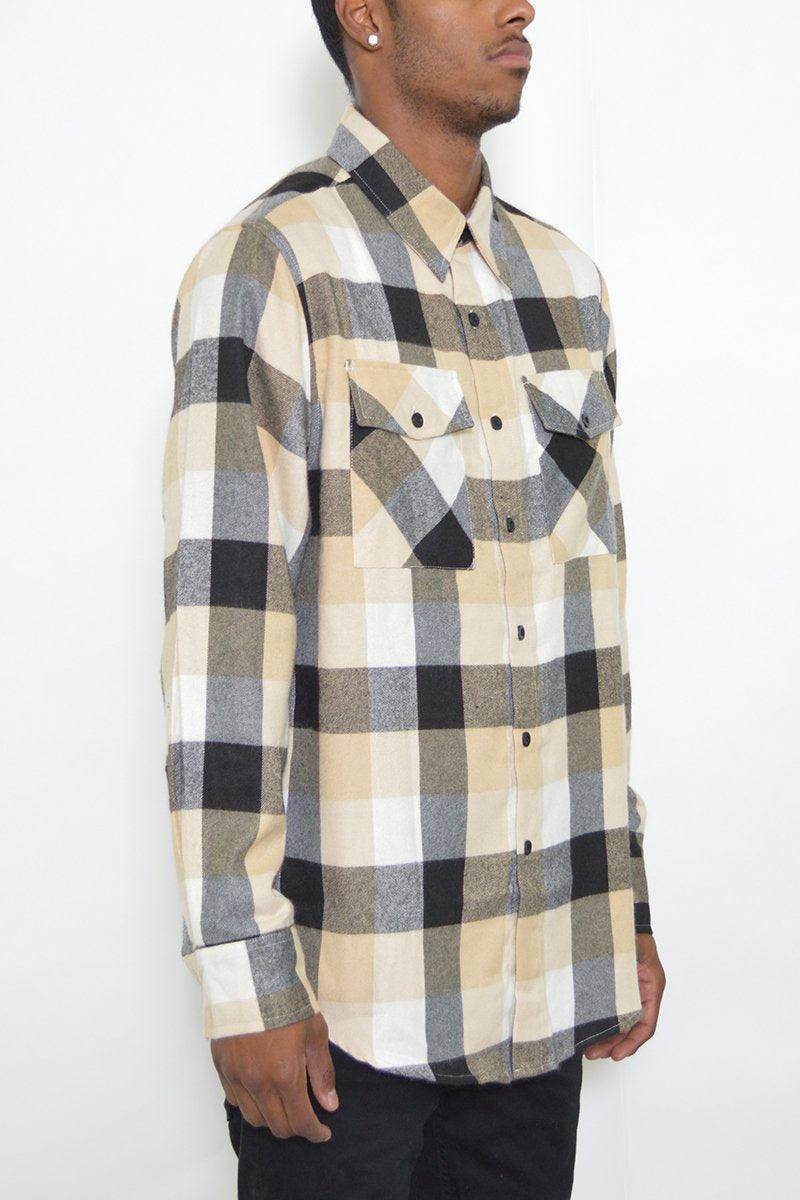 Mens plaid flannel shirt in beige and black checkered pattern with buttoned pockets
