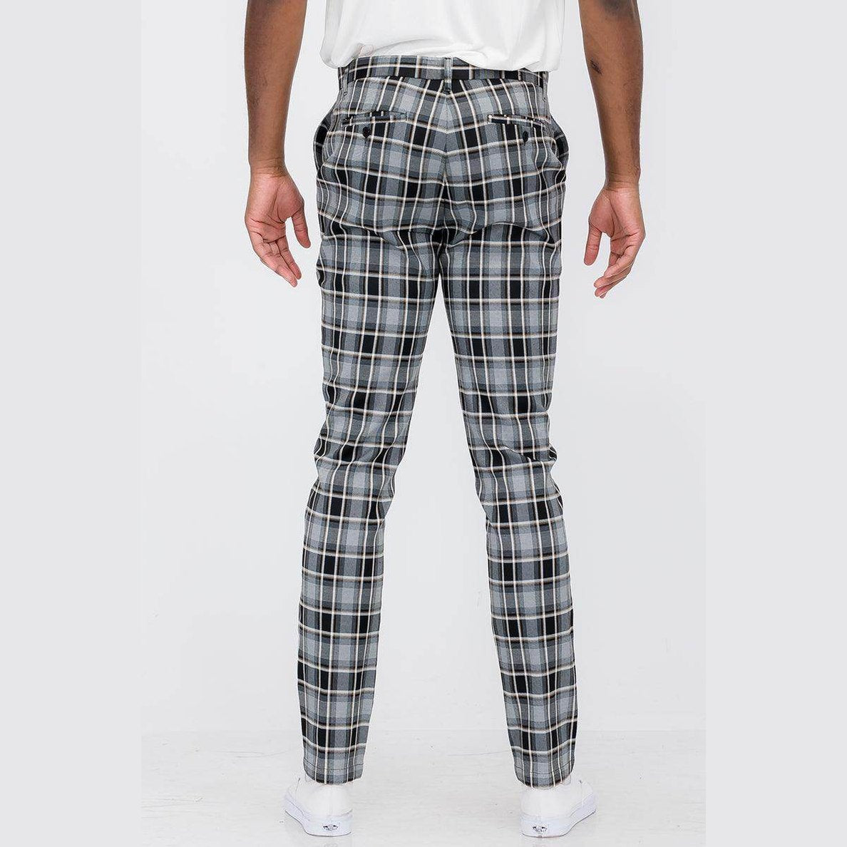 Back view of men's plaid slim fit pants from VacationGrabs with stylish design and tailored fit