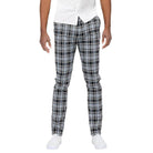 Mens plaid slim fit pants from VacationGrabs in stylish black and gray checkered pattern