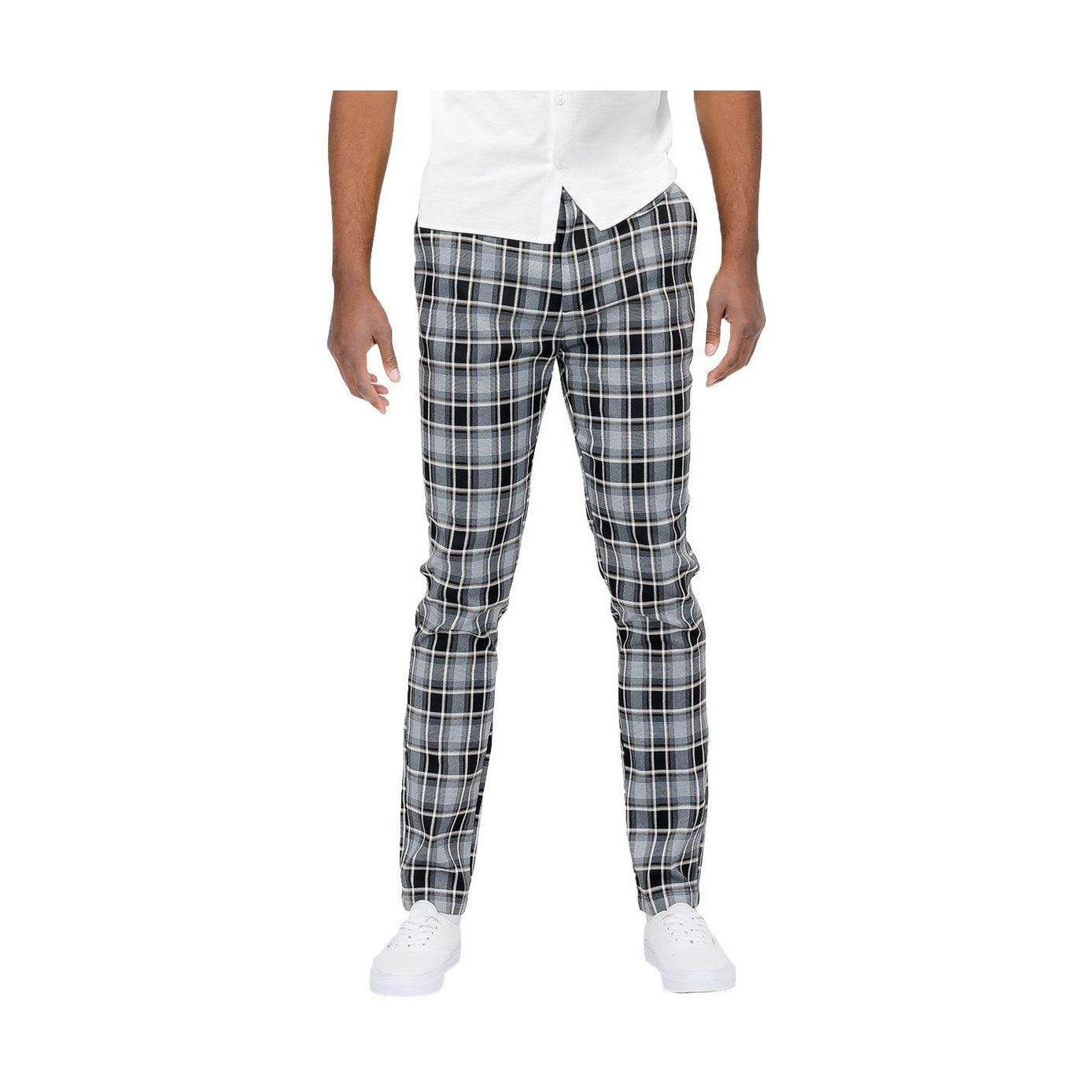 Mens plaid slim fit pants from VacationGrabs in stylish black and gray checkered pattern